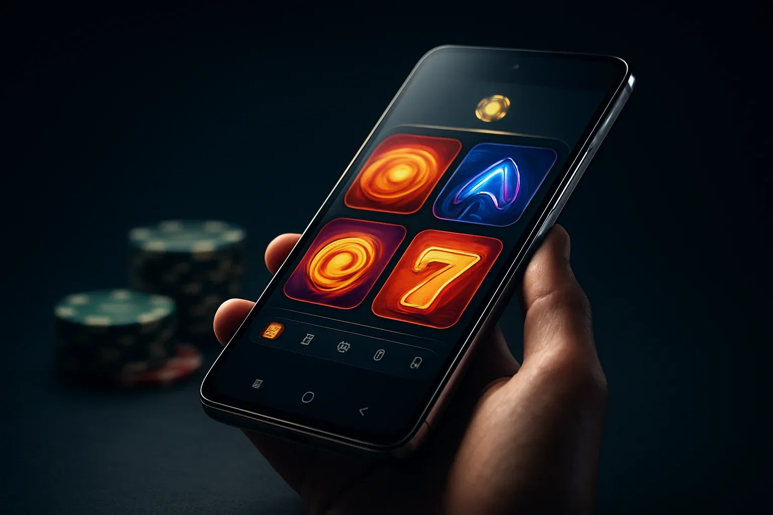 Hyperrealistic flagship Android phone showing vivid casino app interface, studio lighting