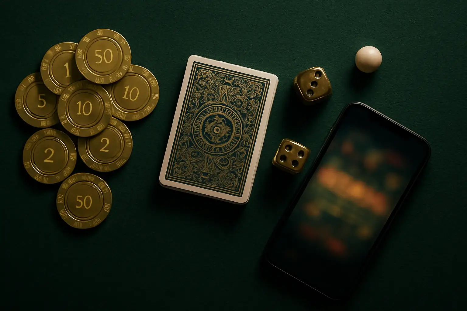 Top-down casino table with golden chips, cards, dice, roulette ball, smartphone