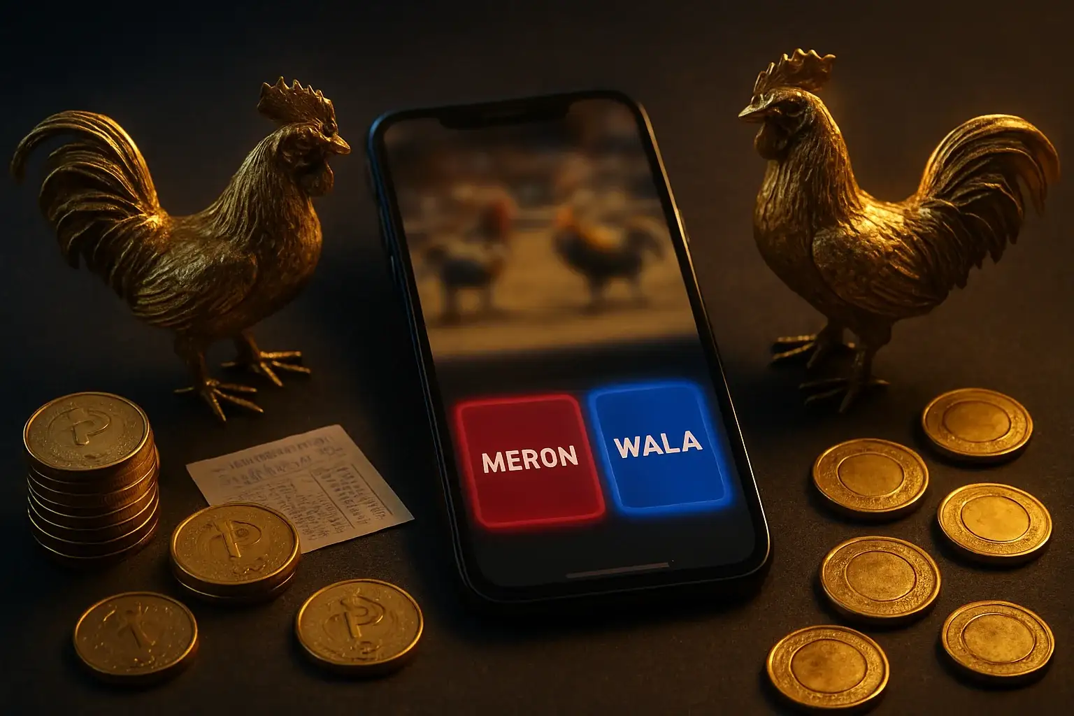 Cinematic flat-lay smartphone sabong betting interface with golden roosters and coins